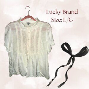 Lucky Brand Cream Lace Trim Button-Up Blouse | Size L